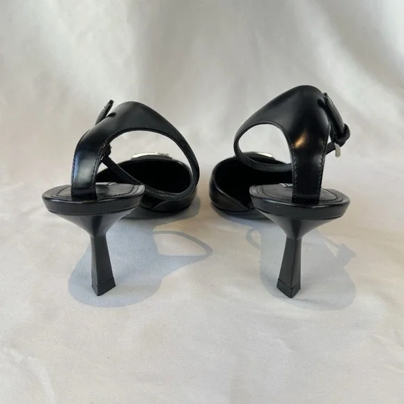 Prada Slingback Stiletto Ankle Strap Logo Accent Black Pointed Toe Leather 37.5 - Picture 5 of 14